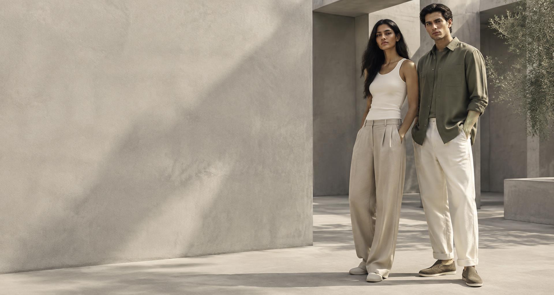 The dezinera.com collection: modern linen and relaxed cotton, styled in a sunlit courtyard